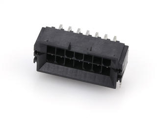 438100006 - Mini-Fit BMI Header, Dual Row, Right-Angle, for 1.60mm PCB, 14 Circuits,  Tin (Sn) Plating, 260C Wave Solderable, with Retention Clip