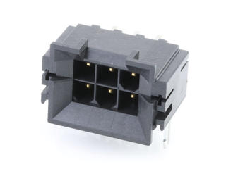 438100013 - Mini-Fit BMI Header, Dual Row, Right-Angle, for 1.60mm PCB, 6 Circuits, Gold (Au) Plating, 260C Wave Solderable, with Retention Clip