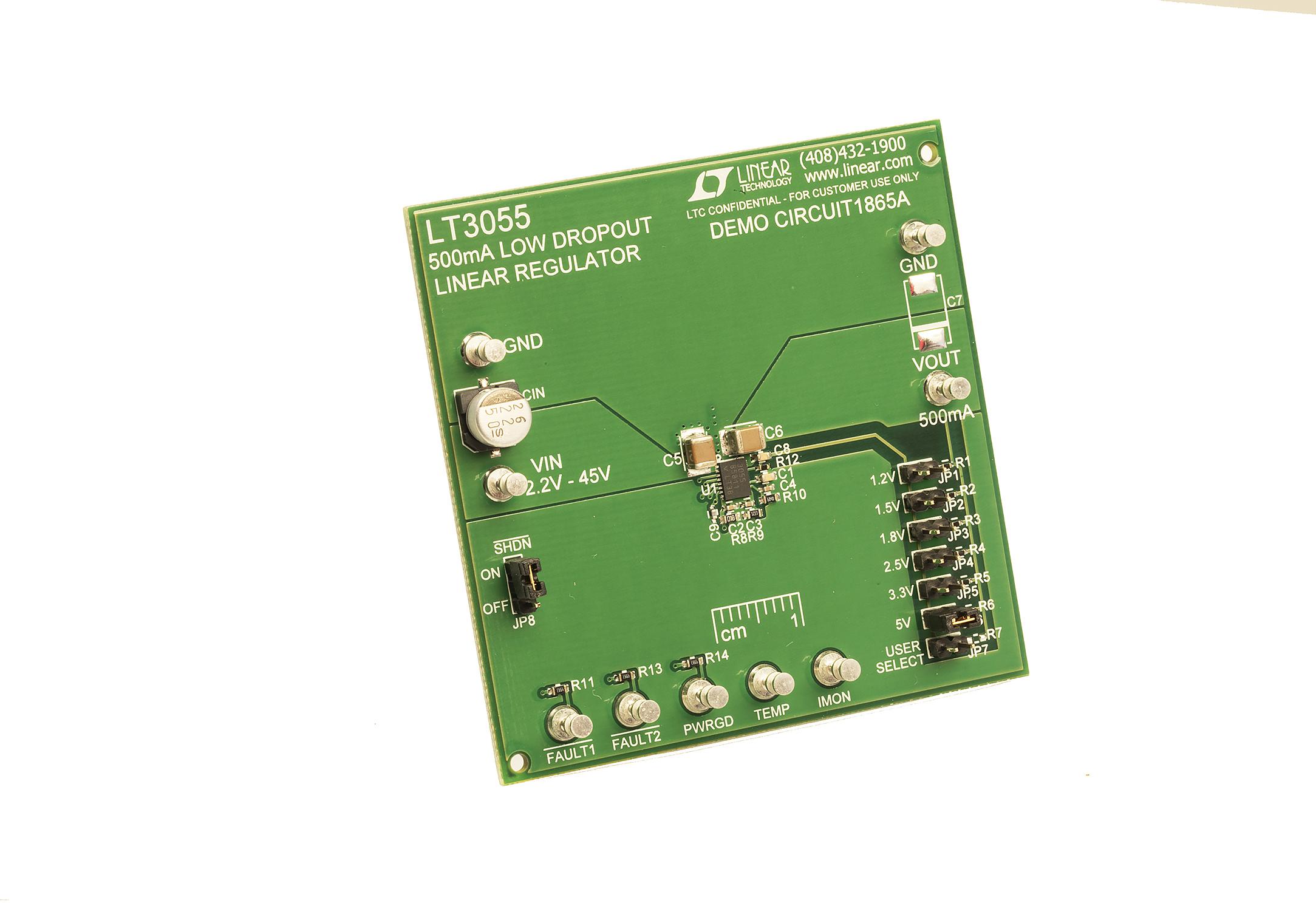 Analog Devices-DC1865A Power Management Development Boards and Kits LT3055EDD Demo Board, Micropower Linear Regulator, Precision Current Limit, Diagnostics, ±45V Input Voltages, 2.2V ≤ VIN ≤ 45V, VOUT = 1.2V/1.5V/1.8V/2.5V/3.3V/5V @ 500mA Analog Devices-DC1865A Power Management Development Boards and Kits LT3055EDD Demo Board, Micropower Linear Regulator, Precision Current Limit, Diagnostics, ±45V Input Voltages, 2.2V ≤ VIN ≤ 45V, VOUT = 1.2V/1.5V/1.8V/2.5V/3.3V/5V @ 500mA