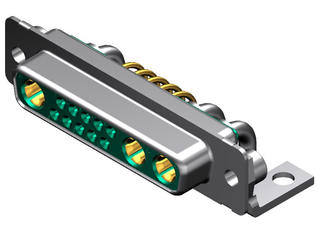 1731070867 - FCT Mixed Layout D-Sub Connector, Female, Right-Angle, PCB Through Hole, Gold Plating, Tin-plated Shell, 14.50mm Metal Bracket and #4-40 Clinch Nut, 13 Circuits Loaded (3 High Power, 10 Signal), Green Insulator