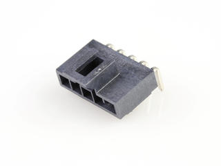 1053131205 - Nano-Fit Right-Angle Header, Through Hole, 2.50mm Pitch, Single Row, 5 Circuits, 0.38µm Gold (Au) Plating, Black, Glow-Wire Capable, Tray