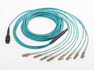 1062835101 - Quad Small Form-factor Pluggable (QSFP) Optical Breakout Cable Assembly,  4 TX, 4 RX; 8 Fiber MTP - 8 LC Multimode 50/125µm 3.00mm Round Cable Plenum, High Bandwidth(OM3), 1.0m (3.28') Length, Aqua Cable