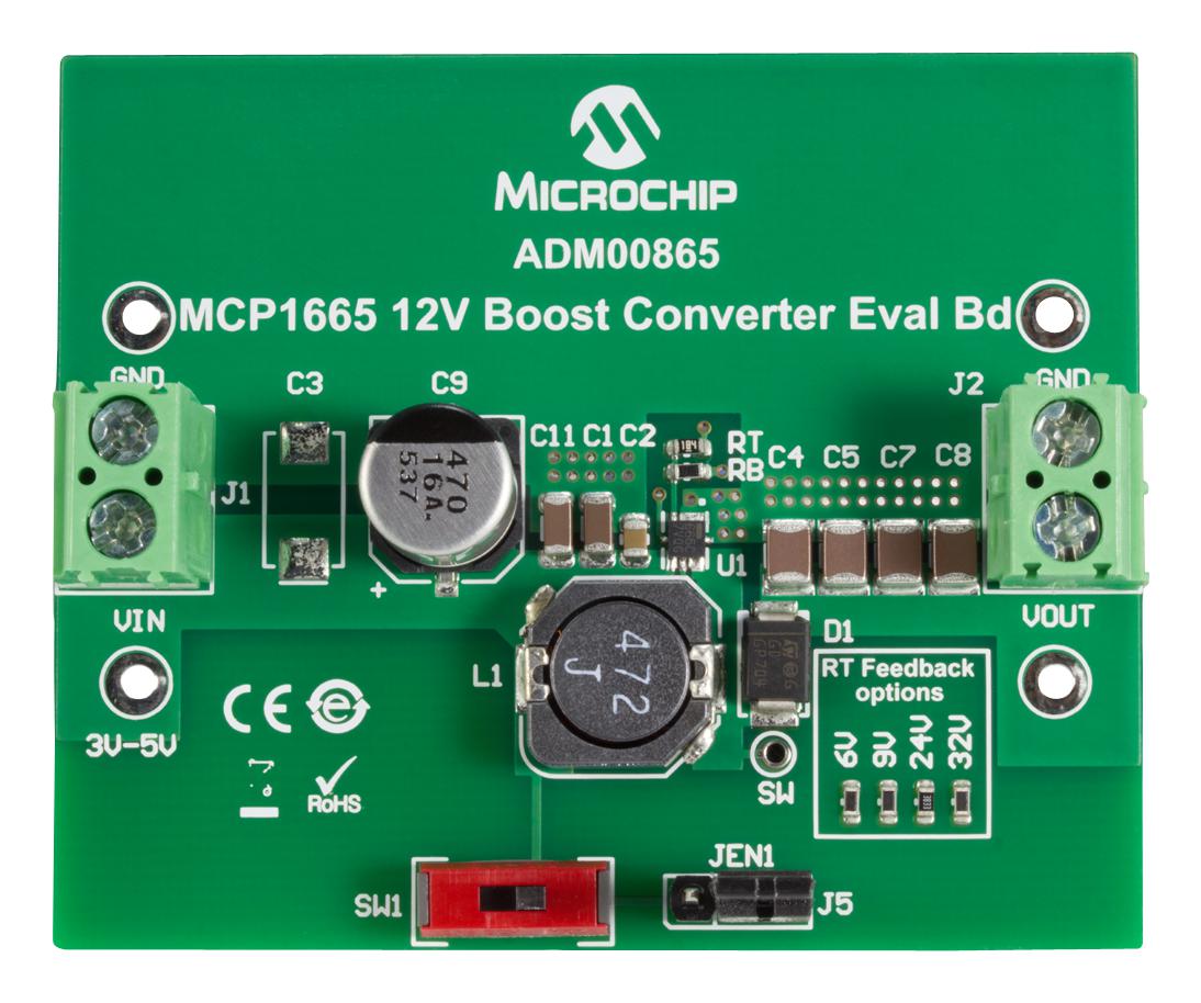Evaluation Board, MCP1665 DC/DC Converter, Boost Regulator, 3.6A, 12V Out