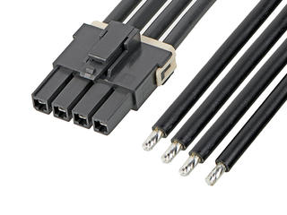 2164011043 - Mega-Fit Female-to-Pigtail Off-the-Shelf (OTS) Cable Assembly, Single Row, 600.00mm Length, Tin Plated, 4 Circuits, Black