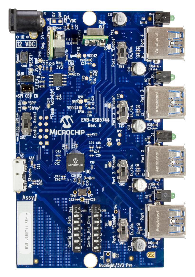 Evaluation Board, USB5744 USB 3.1 Controller HUB, SPI Flash, 2.1A Charge Per Port