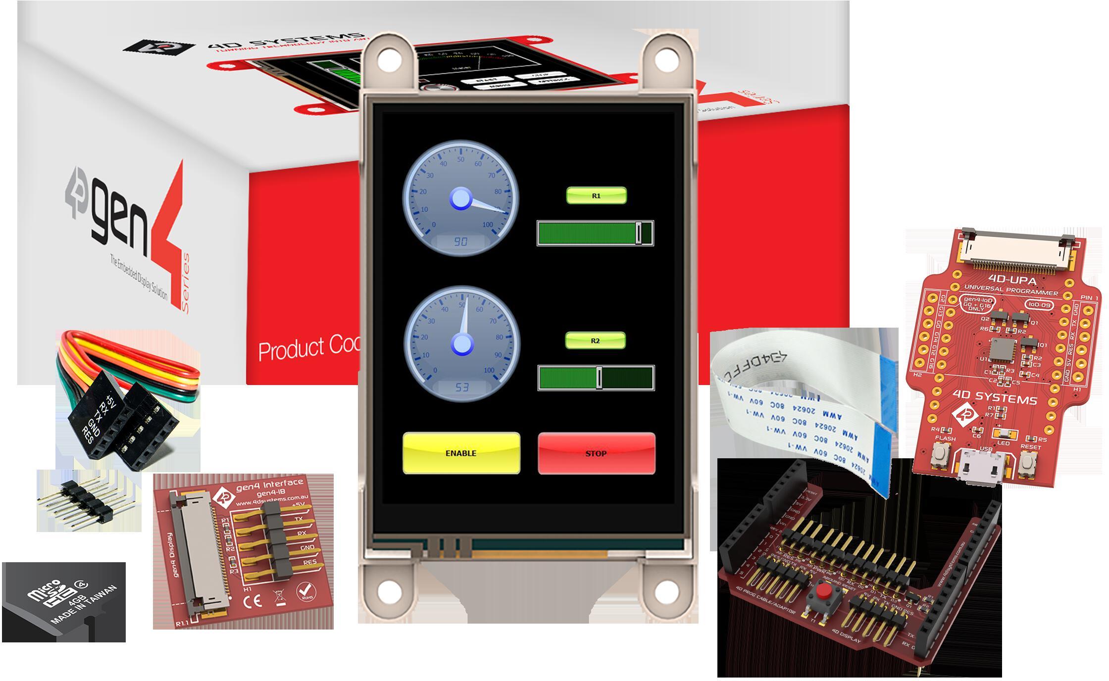 4D Systems-SK-GEN4-24DT-AR Development Kits and Tools Starter Kit for gen4-uLCD-24DT-AR with 4D Arduino Adaptor Shield-II, 4D-UPA, 4GB Industrial microSD Card, 150 mm FFC Cable, 5-way female-to-female ribbon cable with male-to-male adaptor 4D Systems-SK-GEN4-24DT-AR Development Kits and Tools Starter Kit for gen4-uLCD-24DT-AR with 4D Arduino Adaptor Shield-II, 4D-UPA, 4GB Industrial microSD Card, 150 mm FFC Cable, 5-way female-to-female ribbon cable with male-to-male adaptor