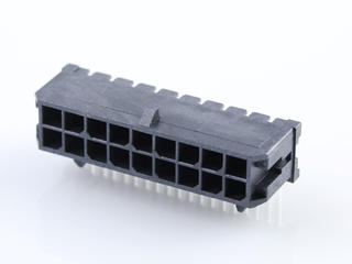 430451801 - Micro-Fit 3.0 Right-Angle Header, 3.00mm Pitch, Dual Row, 18 Circuits, with Snap-in Plastic Peg PCB Lock, Gold, Glow-Wire Capable, Black